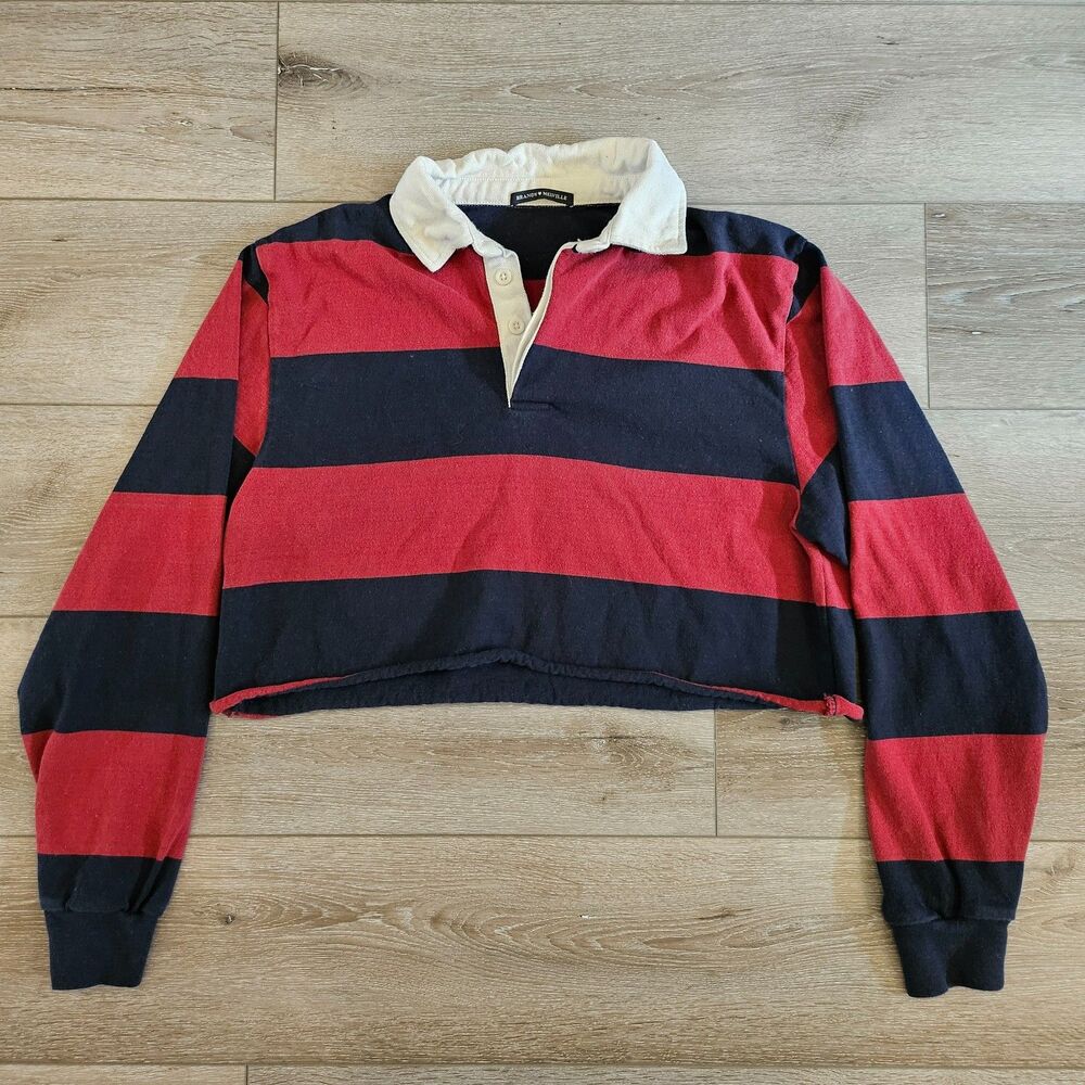Brandy Melville Cropped Rugby Top Polo Blue Red Stripe 100% Cotton One Size